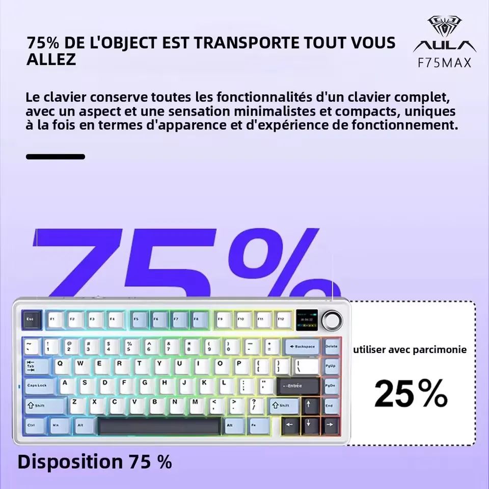 AULA F75 MAX Mechanical Keyboard with TFT Screen Knob Wireless Tri-Model Hot-Swap RGB 75% Layout 81Keys E-sports Gaming Keyboard
