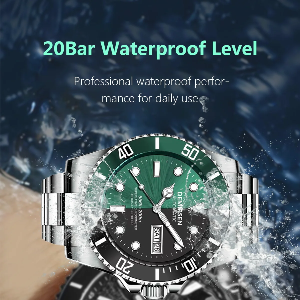 Demirsen Homem Auto Day Date Luxury Ver Sapphire Luminoso Impermeável 200m Diver Automático Mecânico Relógio de Pulso Aço Inoxidável - Image 4