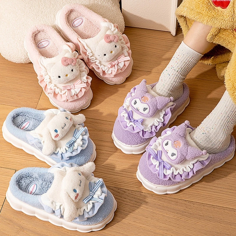 

Anime Sanrio Cinnamoroll Kuromi Plush Slippers Kawaii Autumn Girls House Fuzzy Shoes Cute Antiskid Thick-Soled 3D Toy Women Gift