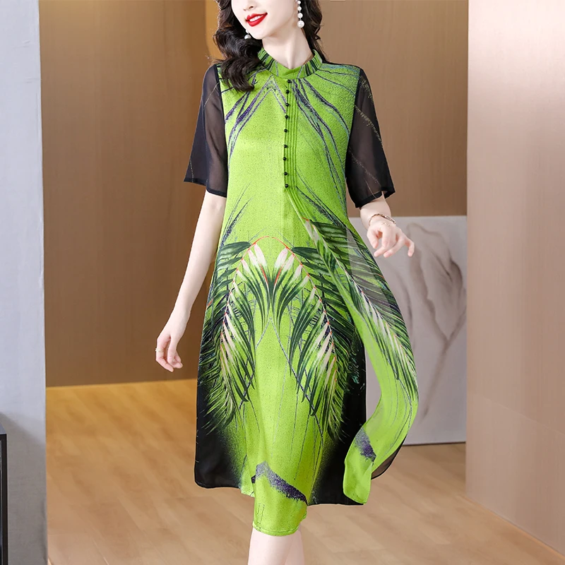 

2023 Summer New Silk O-Neck Green Printed Short Sleeve Dress for Women's Casual Mesh Spliced Satin Over Knee Long Dress