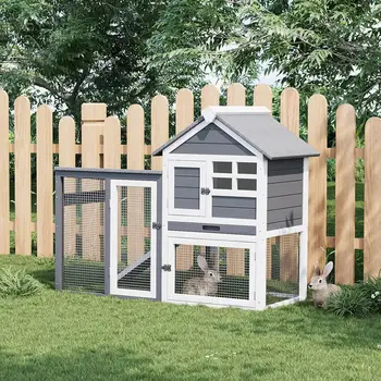 Rabbit Hutch Chicken Cage Indoor and Outdoor, 2-Story Rabbit Cage with Pull Out Tray, Wood Pet House with Ramp, Waterproof Roofs 2