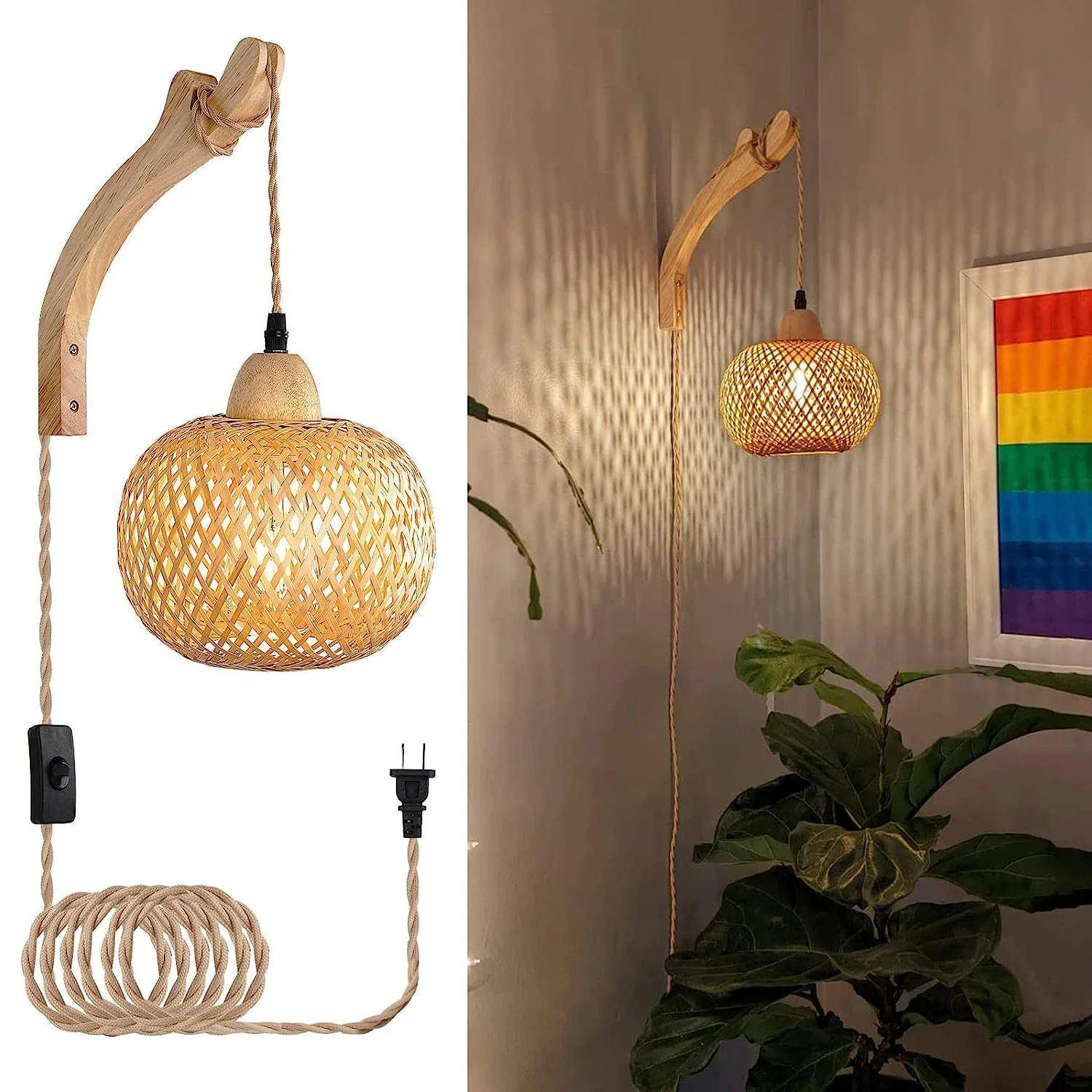 

Retro Bamboo Wall Lamp Bedroom Living Room Corridor Decoration Wall Light Hemp Rope Bedside Lamps Indoor Lighting Fixtures