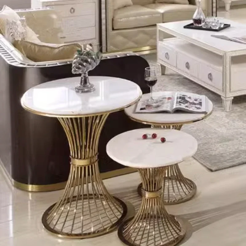 Luxe Marmeren Tafel Modern Appartement Banktafel Creatief Ijzeren Einde Bijzettafel Kleine Ronde Salontafel Gouden Ronde Tafel