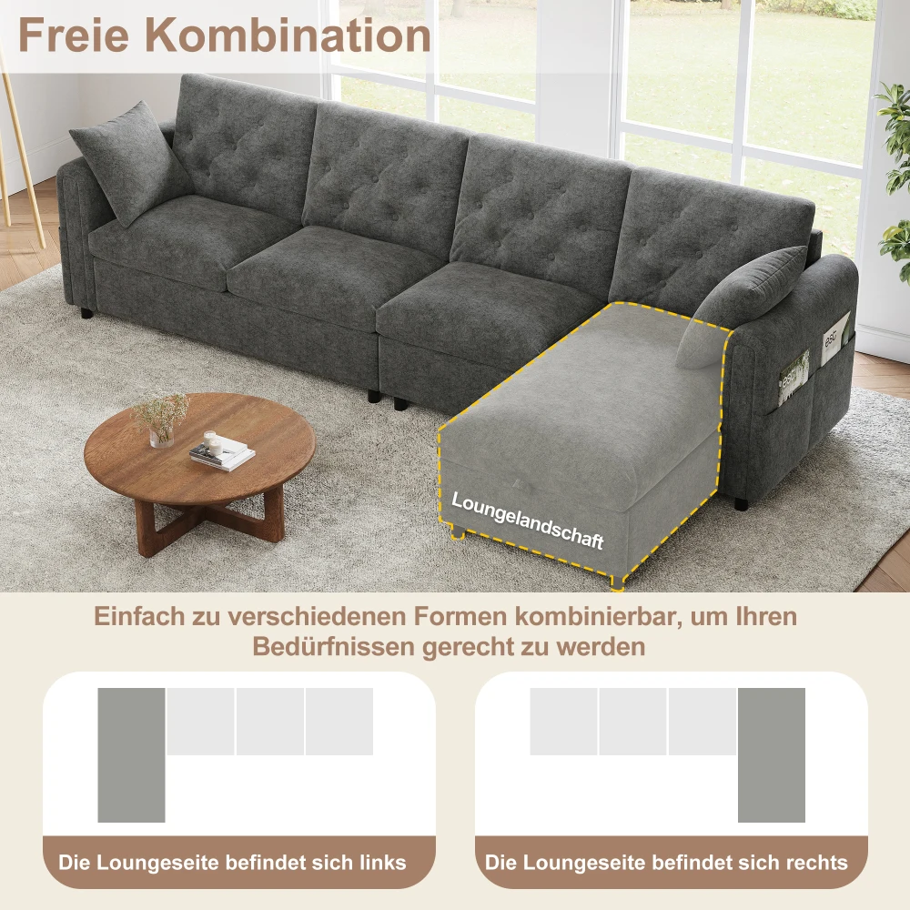 Modernes L-förmiges Samtsofa mit Stauraum im Eckbereich, seitliche Armlehnen mit Zeitschriftentaschen, Rückenlehne mit Knopfbefestigung – Detail 9