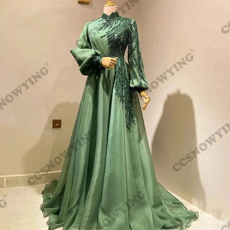 

Organza Appliques Muslim Evening Dresses Long Sleeve High Neck Hijab Formal Party Prom Gown Arabic Dubai Islamic Robes De Soirée