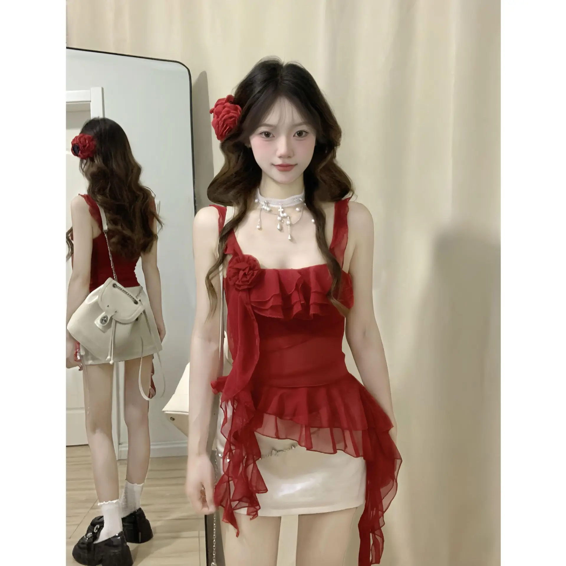 2025 New Sexy Strap Style Irregular Red Tanks Camis Women's Ruffle Edge Casual Short Summer Fairy Coquette Sleeveless Crop Tops