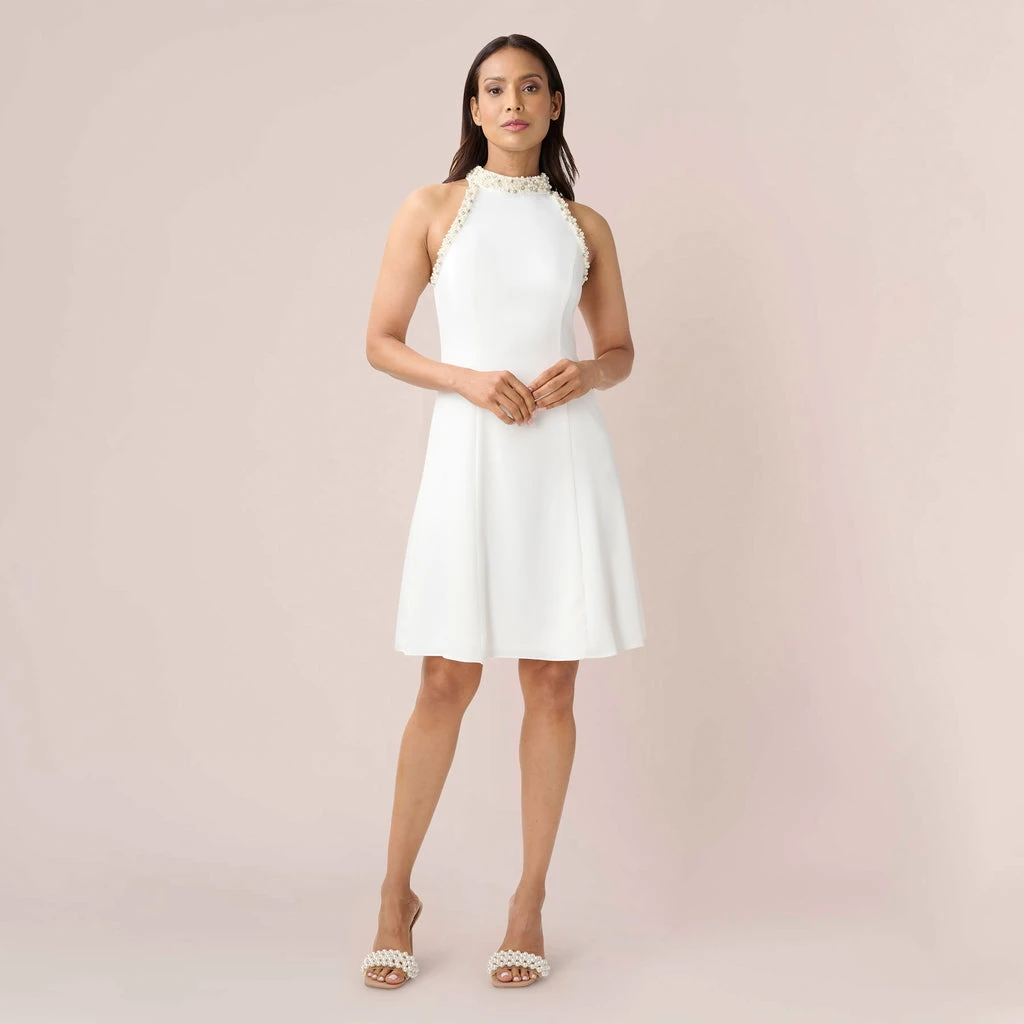 

OIMG High Neck Ivory Prom Maxi Dresses Sleeveless Knee Length Crepe Satin Zipped Ruched Simple Evening Gowns Formal Party Dress