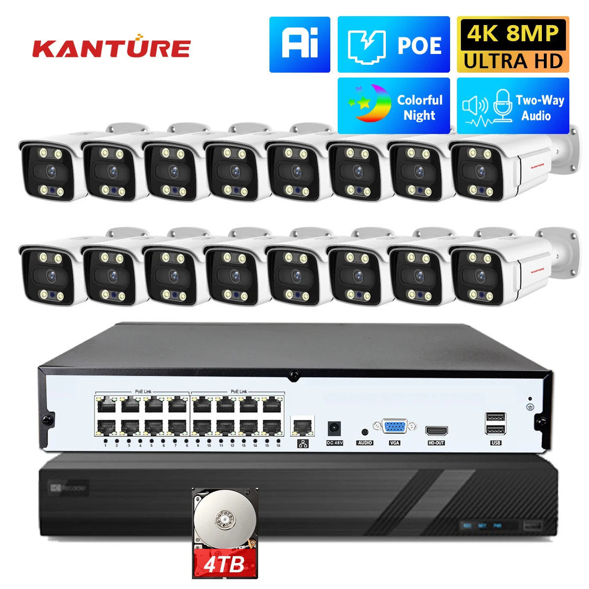 KANTURE-16CH 4K POE NVR 비디오 감시 시스템, 8MP 양방향 오디오 실내 야외 보안 IP 카메라 키트 다채로운 야간 투시경