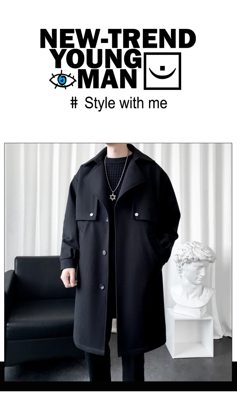 Description Picture 3 of itemAutumn and Winter New Solid Color Men's Medium-length Tweed Coat Fashion Trend Casual Youth Lapel Warm Coat