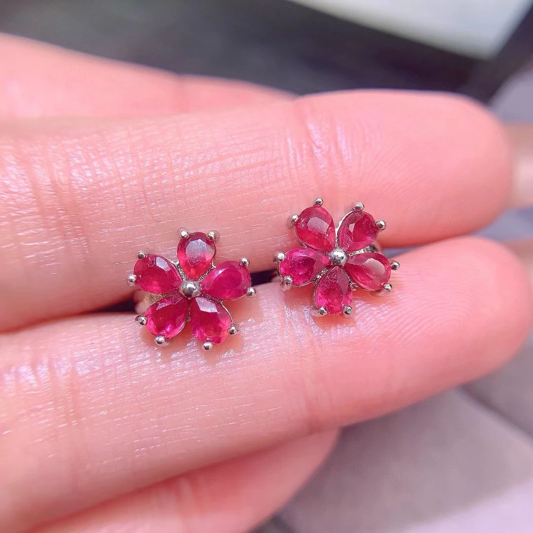

925 Silver Flower Stud Earrings for Daily Wear 3mm*4mm Total 1.2ct Heated Natural Ruby Earrings with 3 Layers 18K Gold Plated