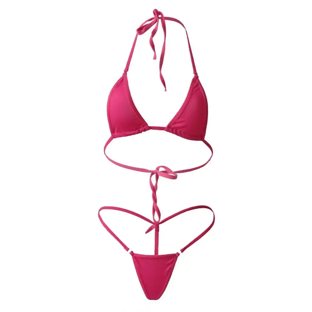 Summer Swimwear for Girls 2Pcs Lady Sexy Solid Color Halter Mini Bra G-String Bikini Set Swimwear Swimsuit