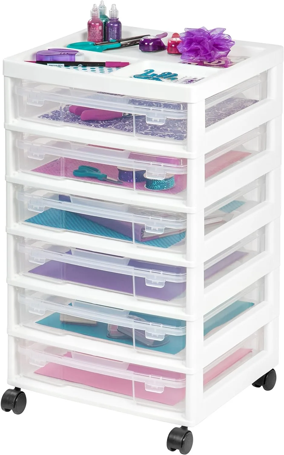 

6-layer scrapbook rolling storage cart with organizer top, craft supplies, yarn, white frame, with 6 transparent boxes