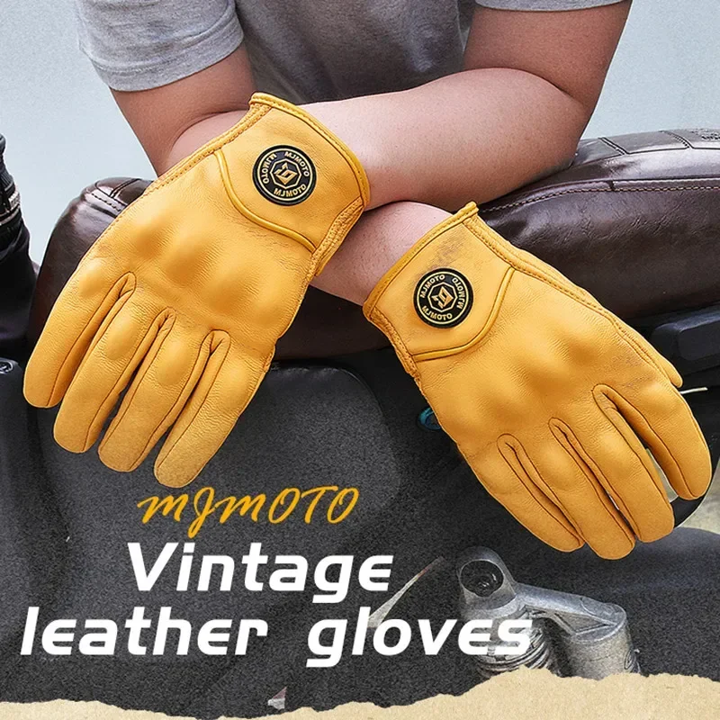 Retro Yellow Leather Motorcycle Gloves Vintage Men Motorbike Racing Gloves Touch Screen Breathable Moto Biker Motocross Gloves 2