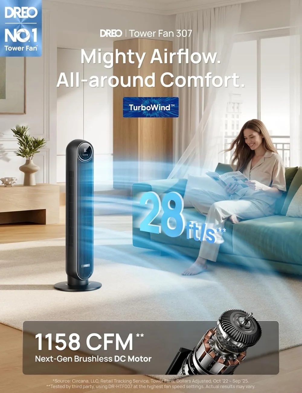 2026 Upgraded DC Motor Tower Fan, 28ft/s High Velocity, 20dB Quiet, 8 Speeds 4 Modes, 90° Oscillation, Remote Control 2