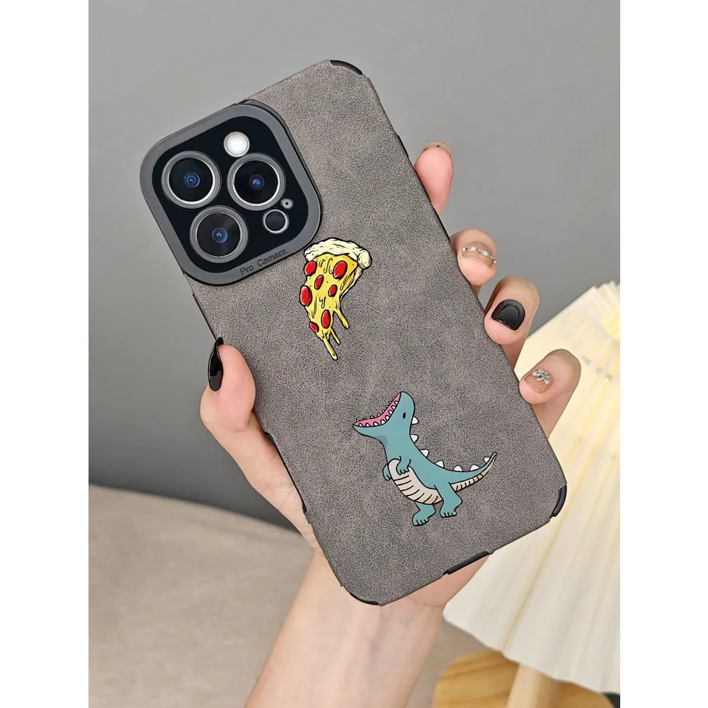 Cartoon Dinosaur Pizza Pattern Leather iPhone 17/16/15/14/13/12/11/X/XS/XSMAX Fun Teens
