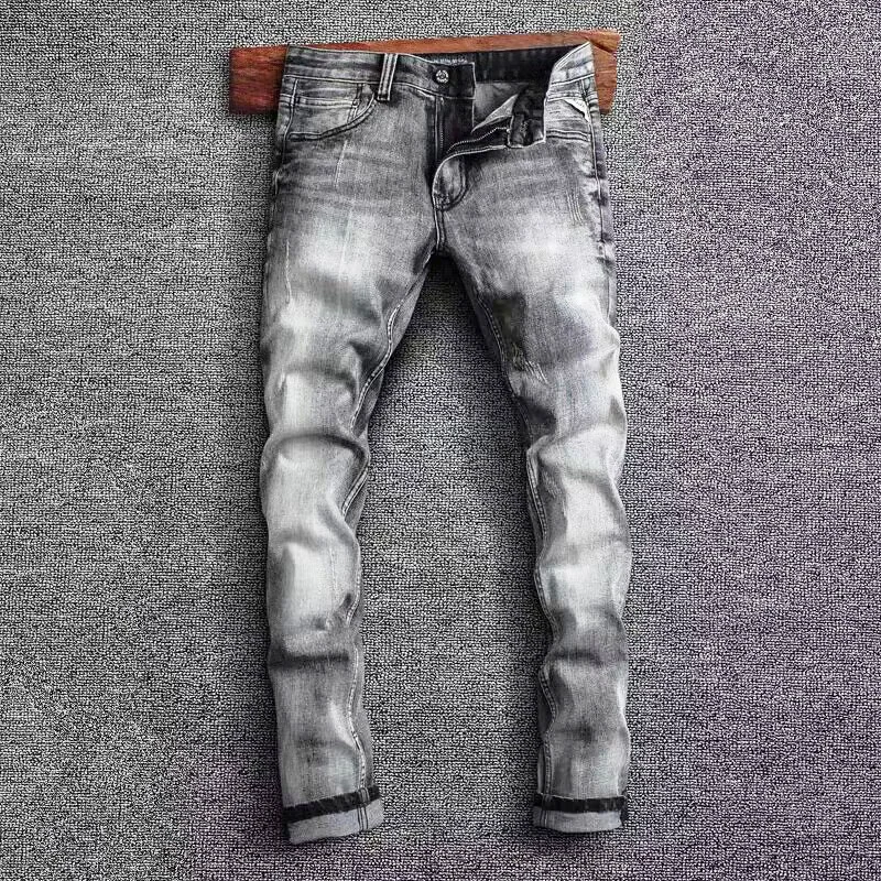 Fashion Designer Men Jeans High Quality Retro Dark Gray Stretch Slim Fit Ripped Jeans Men Trousers Vintage Denim Pants Hombre men s stretch jeans locomotive fashion denim trousers biker high quality male straight casual designer ripped comfortable pants