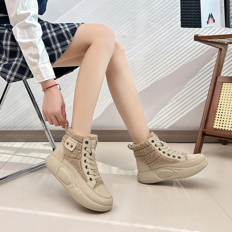 

Женские высокие кроссовки, теплые уличные ботильоны на платформе, с коротким плюшем, на шнуровке, повседневная обувь из хлопка, зимний сезон