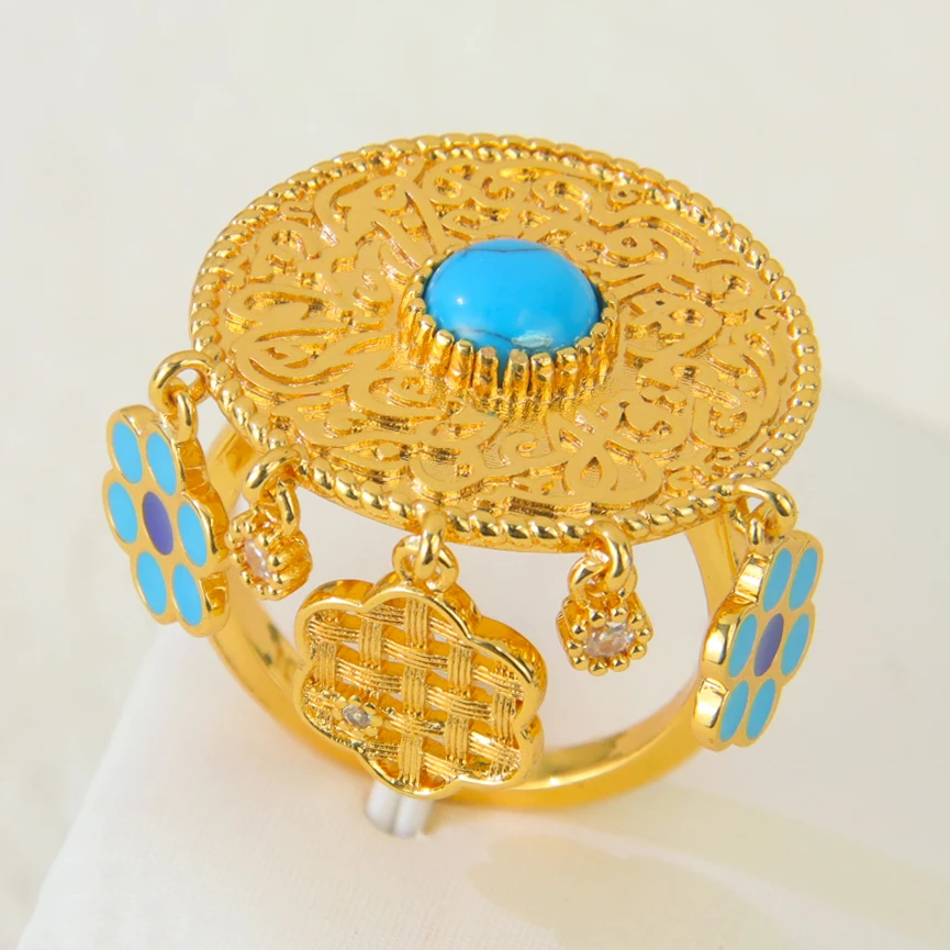 Arabische Vintage-Türkis-Ringe, 21 Karat vergoldet, italienischer Zirkonia, exotische Ringe, Algerien, Damen, Brautparty, Schmuck, Geschenke – Detail 6
