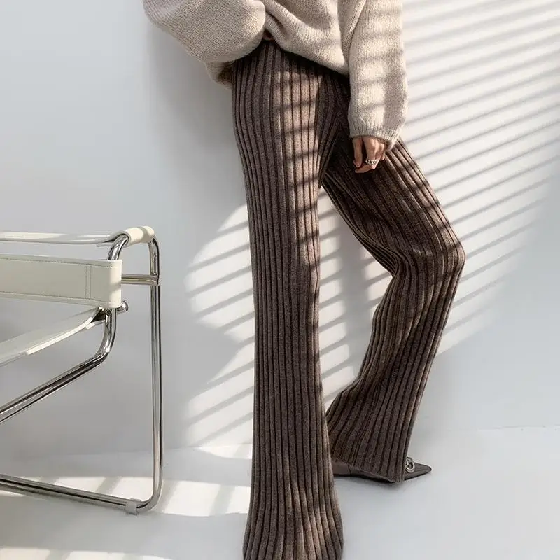 Simple Knitted Fabric Casual Women Pants Elastic High Waist Loose Female Wide Leg Pant Long Trousers Autumn Winter Striped