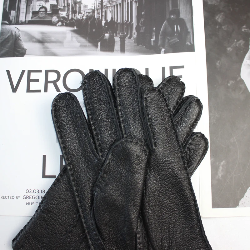 New Men\'s Deerskin Gloves Touch Screen Hand Sewn Classic Fashion Corrugated Breathable Wool Knit Lining Warm Driving Gloves