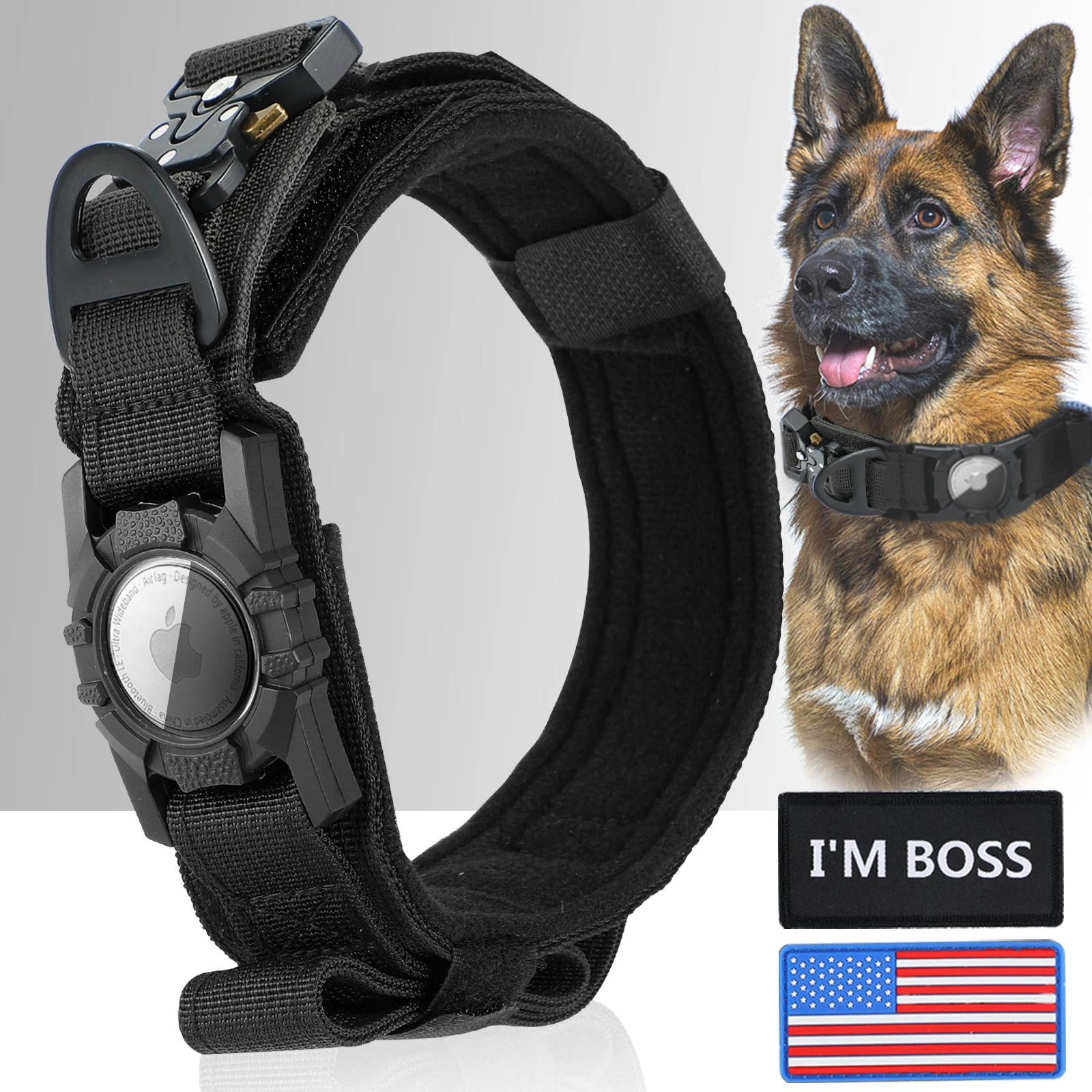Dog Collar AirTag Dog Collar with Handle Tactical For Large Medium Dogs Military with Metal Buckle