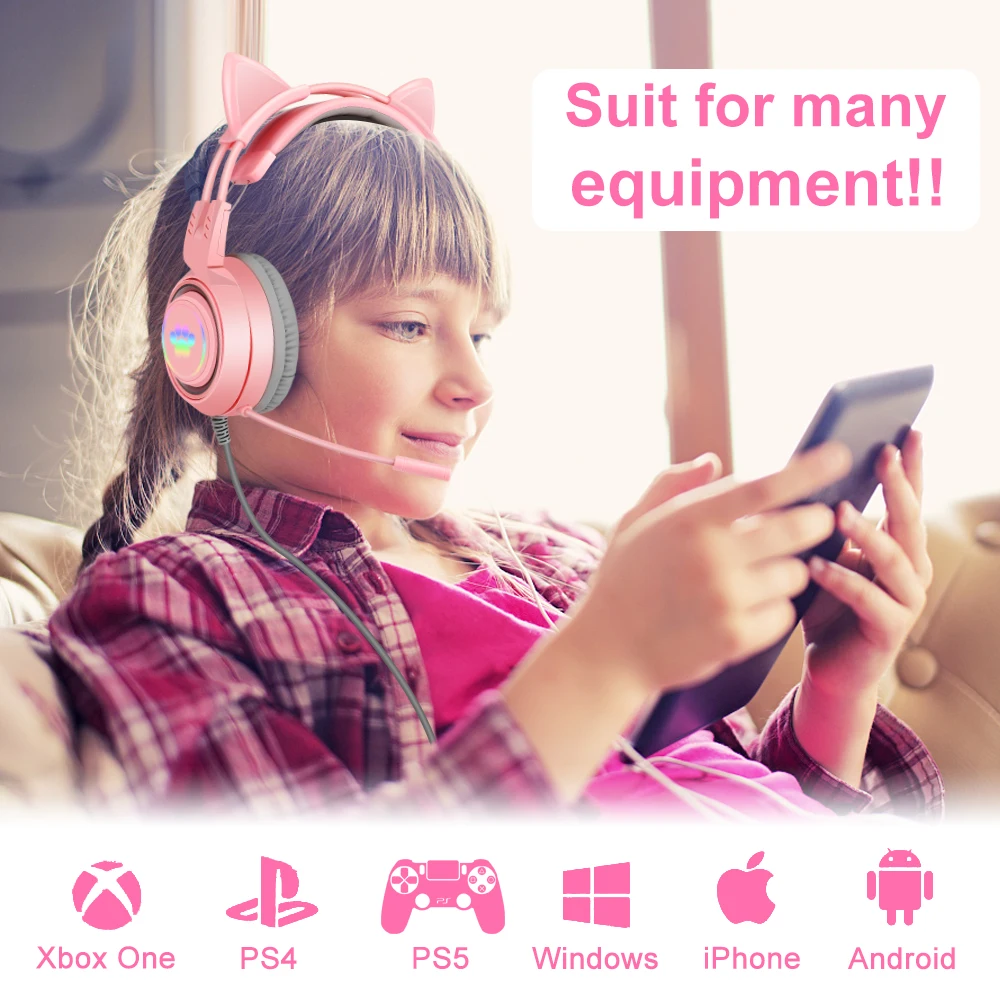 QearFun HiFi Stereo PC Headset Gamer Girls Pink Cat Headphones