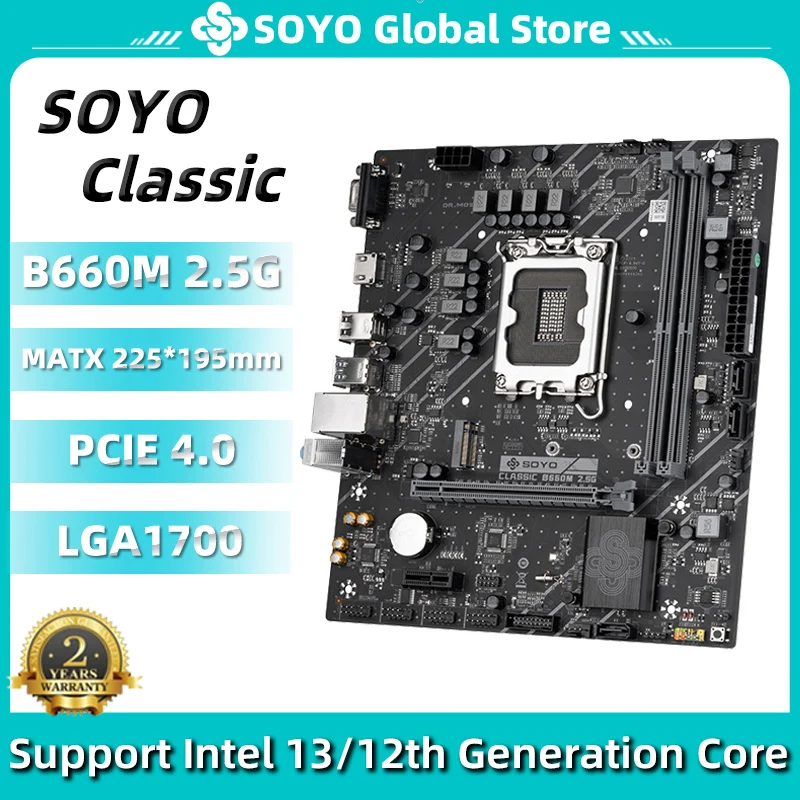 

SOYO SY-Classic B660M 2.5G DDR4 Memory Slots Rams Computer VGA Motherboard Supports CPU 12400 /12400F/12700(INTEL B660/LGA 1700)