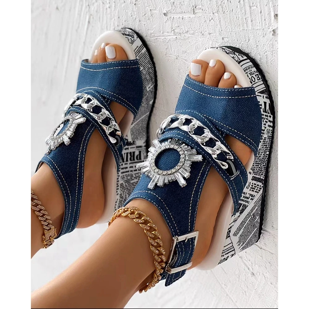 Women Newpaper Pearls Studded Fringe Hem Wedge Sandals Outdoor Summer Fashion Platform Buckle Strap Going Out Peep Toe Shoes