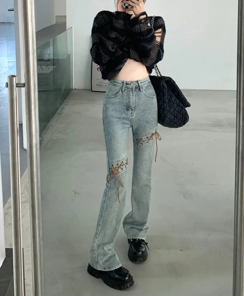 Y2K Fashion Split Casual Jeans Women Spring And Summer 2022 New Hot Girl Lace-up High-waist Slim-fit Flared Long Pants boyfriend jeans