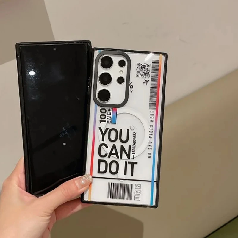 Fashion Label MagSafe Acrylic Black Border Case for Samsung Galaxy S22 S23 S24 Ultra S23+ S24 Plus Protective Shell