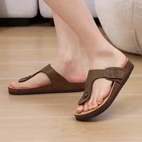 Gacimy Women Cork Sandals Fashion Summer Cork Footbed Flip Flops New Leather Flat Mules With Arch Support Outdoor Beach Slippers - Image 4