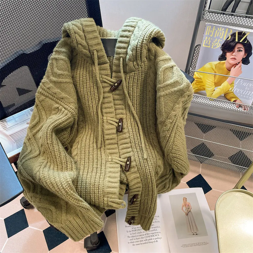 

New Knitting Cardigan Korean Gentle Wear Fried Dough Twists Sweater Women Coat Loose Pearl Button Soft Waxy Sweater Top V93