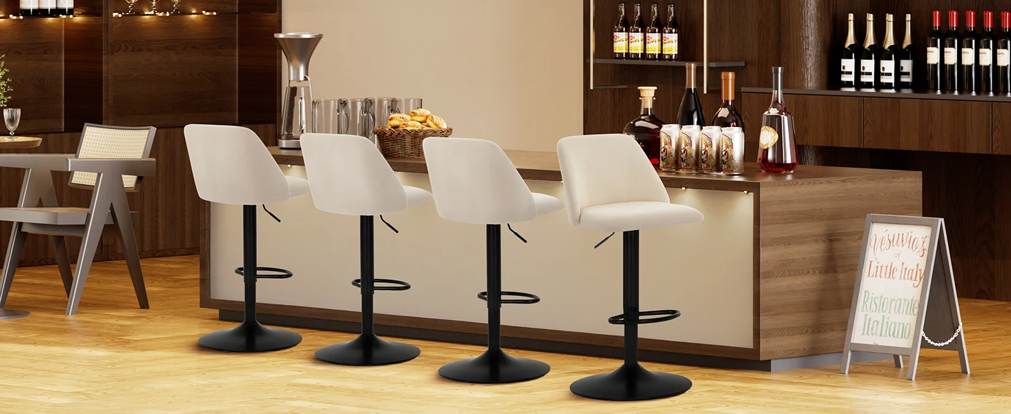 Four beige bar stools at wood bar counter
