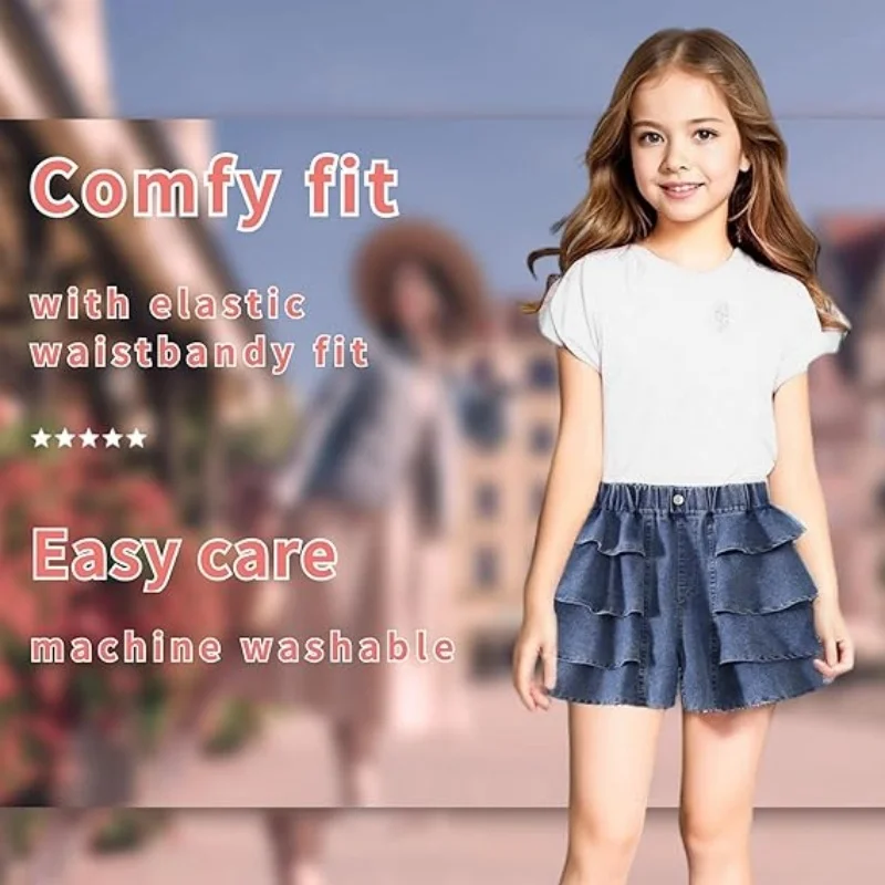 Kids Girls Jean Shorts Loose Fit Soft Cotton Comfy Ruffle Children Pull On Denim Shorts-Ages 4 to 14
