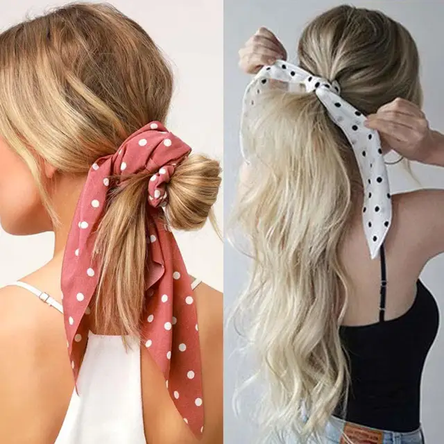 Fashion print chiffon long ribbon scrunchies women girls ponytail scarf elastic hair bands ties hair