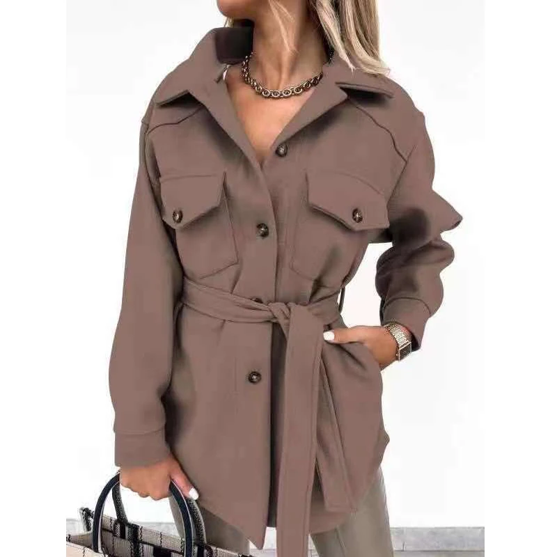 2023 Autumn and Winter Women Fashion Bandage Single Breasted Woolen Coat Ladies Elegant Long Sleeve Solid Loose Outewear Jacket