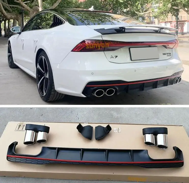 

ABS Rear Bumper Lip Spoiler Trunk Diffuser Cover & Exhaust Tips For Audi A7 S7 Sline RS7 2019 2020 2021 2022