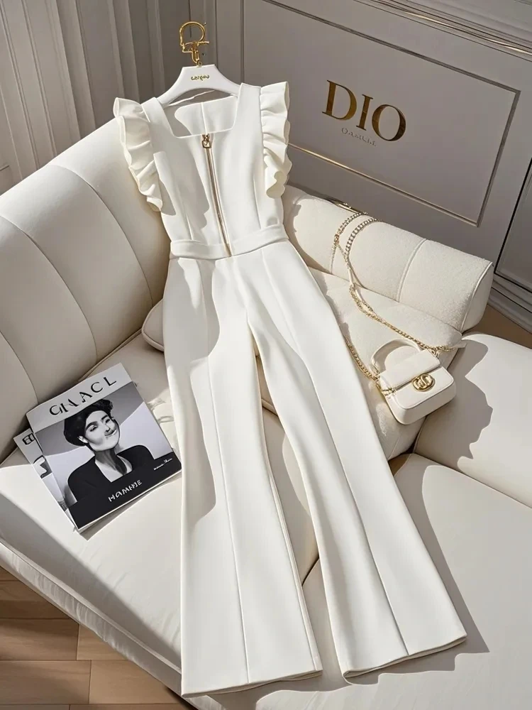 Women's Autumn High Waisted Draped Wide Leg Jumpsuit With Suspender Pants Female Korean Slim Elegant Style Temperament Pants ﻿