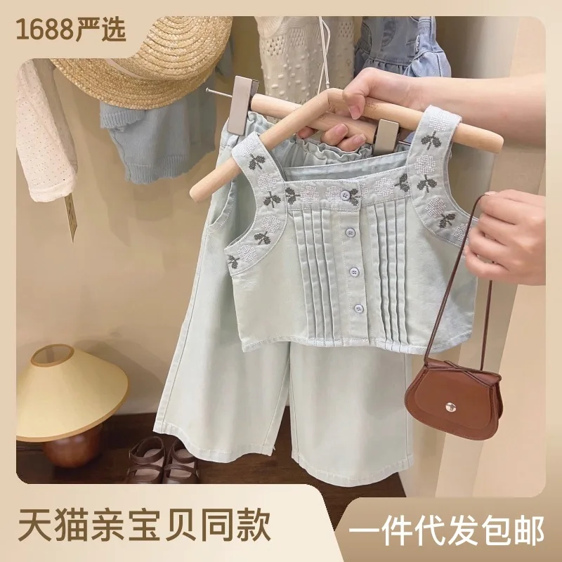 

Girls' Vest Suit Summer New Embroidered Flower Top Jeans Two-Piece Set51039WS