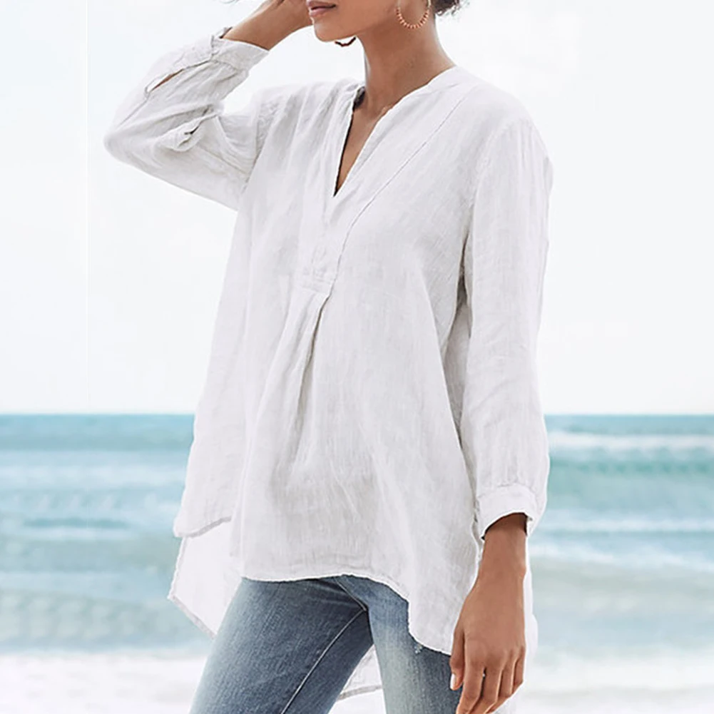 

Sophisticated and Trendy Plus Size Women's V neck T Shirt Cotton Linen Oversized Blouse Tops in Various Colors