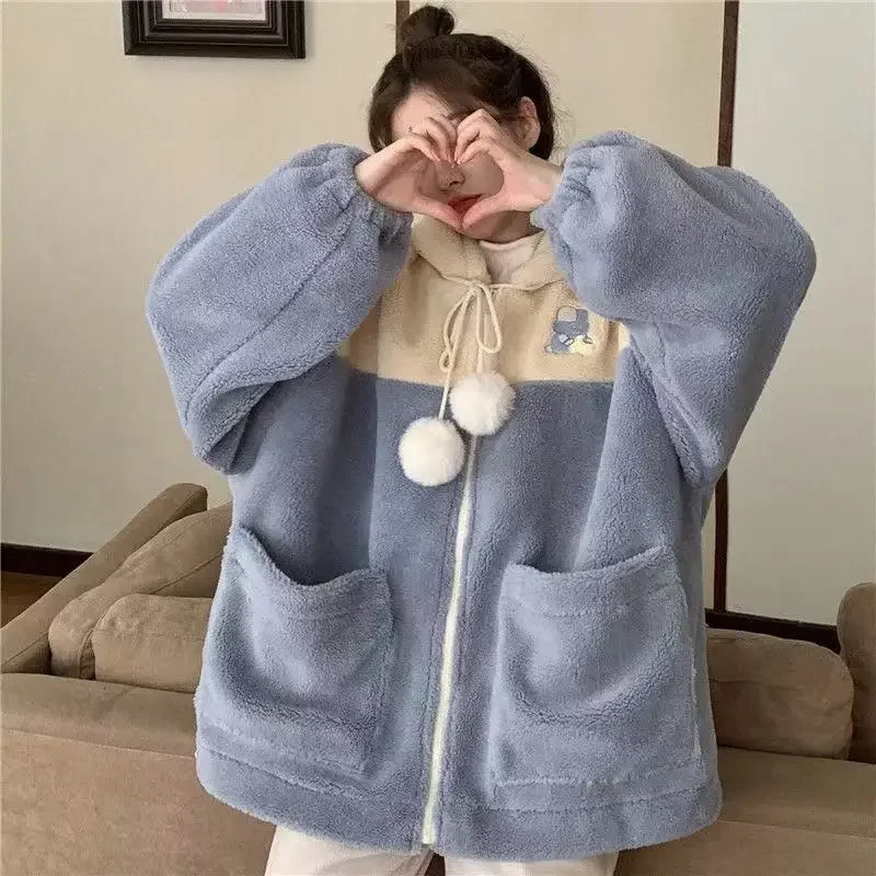 cute cartoon printed fleece thick hooded sweatshirts women autumn winter loose casual pullovers student fashion leisure outwears Fashion Women's Winter Jacket Casual Student Cute Embroidery Clothes Hooded Zipper Women Thick Lamb Wool Coat Korean Version