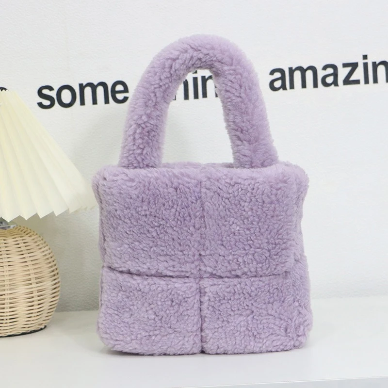 Fur Bag Elegant Ladies Luxury Woolen Fur Large Capacity Small Square Bag With Sewing Design Solid Color Plush Handbag