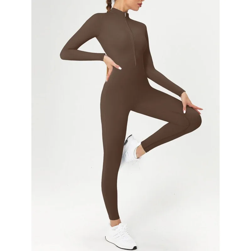 Women Autumn Winter Fleece-Lined Yoga Jumpsuit Seamless Pilates Running Fitness Clothing Long-Sleeved Outdoor Sports Coveralls