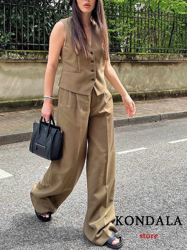 

KONDALA винтажный офисный женский модный 2023 однотонный хаки женские шикарные костюмы с длинным рукавом Блейзер оверсайз тонкий жилет широкие брюки для швабры