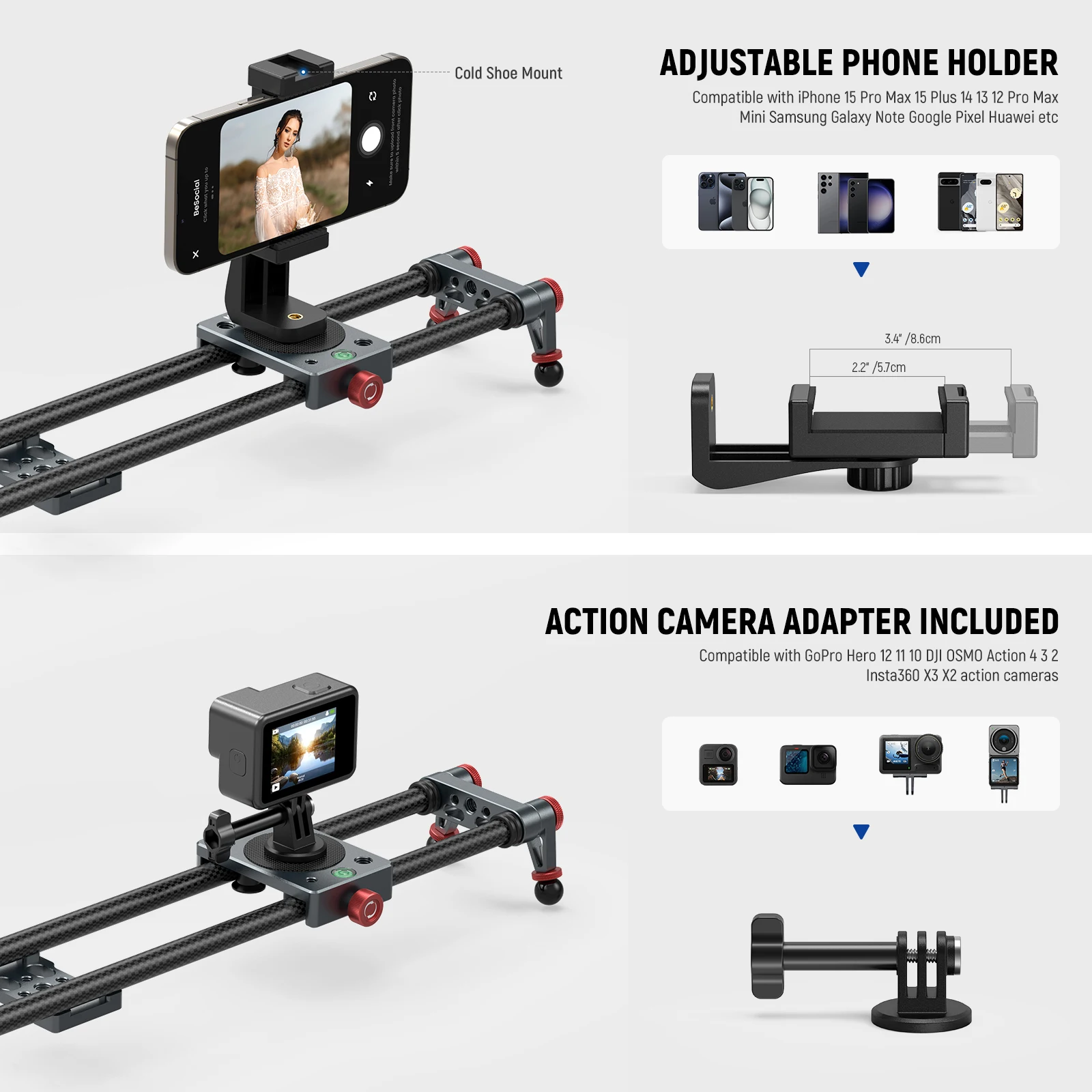 NEEWER 40cm/60cm Carbon Fiber Camera Slider with 360&deg; Ball Head/Phone Clamp/Camera Mount, Dolly Rail Track For GoPro Insta360 camera track slider
