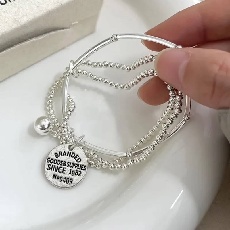 Silver Color Triple Layers Stacked Round Pendant Bracelet for Women Fashion Beads Ball Charm Chain Girls Party Jewelry Present