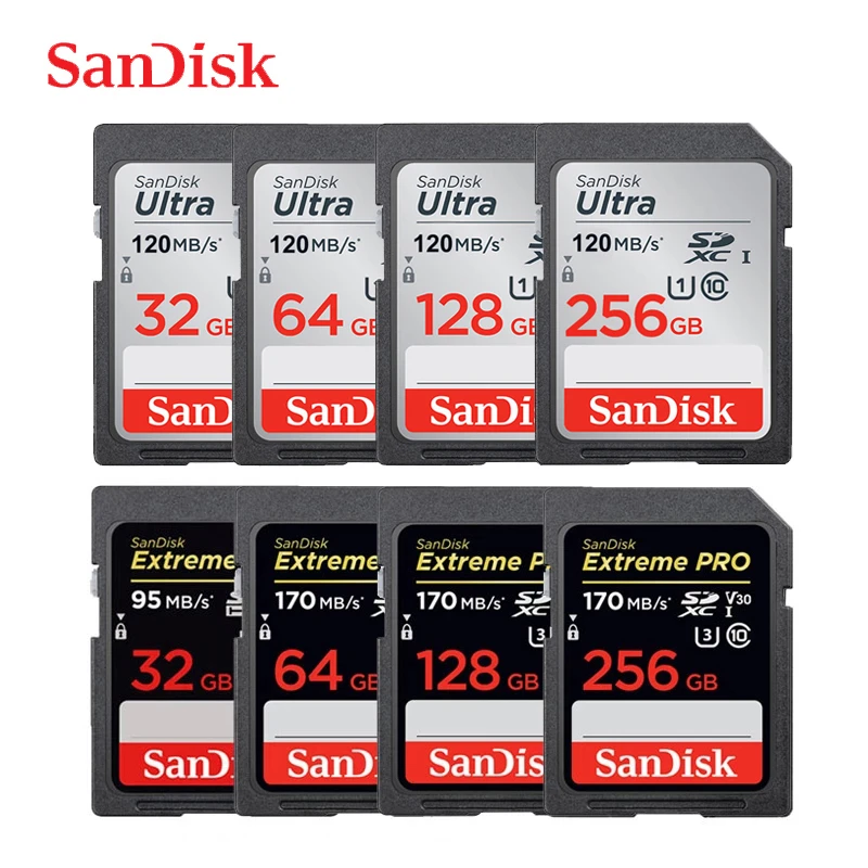 storage card SanDisk SD Card 32GB 64GB 128GB 256GB Memory Card 120MB/s U1 170MB/s U3 V30 4K For Canon Nikon SLR Camera Shooting 4K Video 64 gb memory card