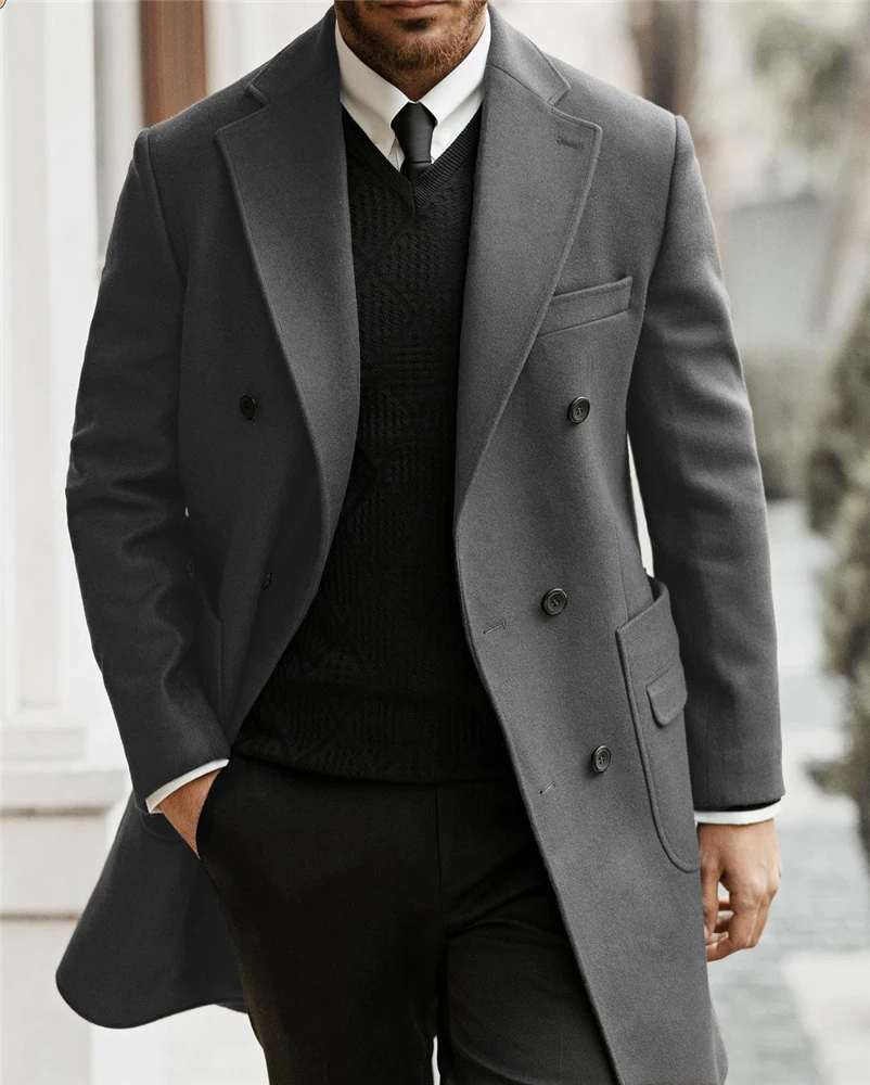 Mens Suit Trench Coat Notched Lapel Double Breasted Long Winter Jacket