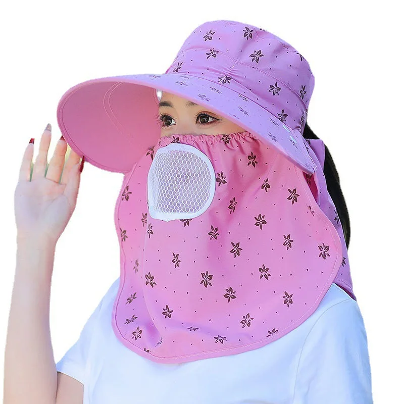 Women's sun hat with full neck cover and floral print design.