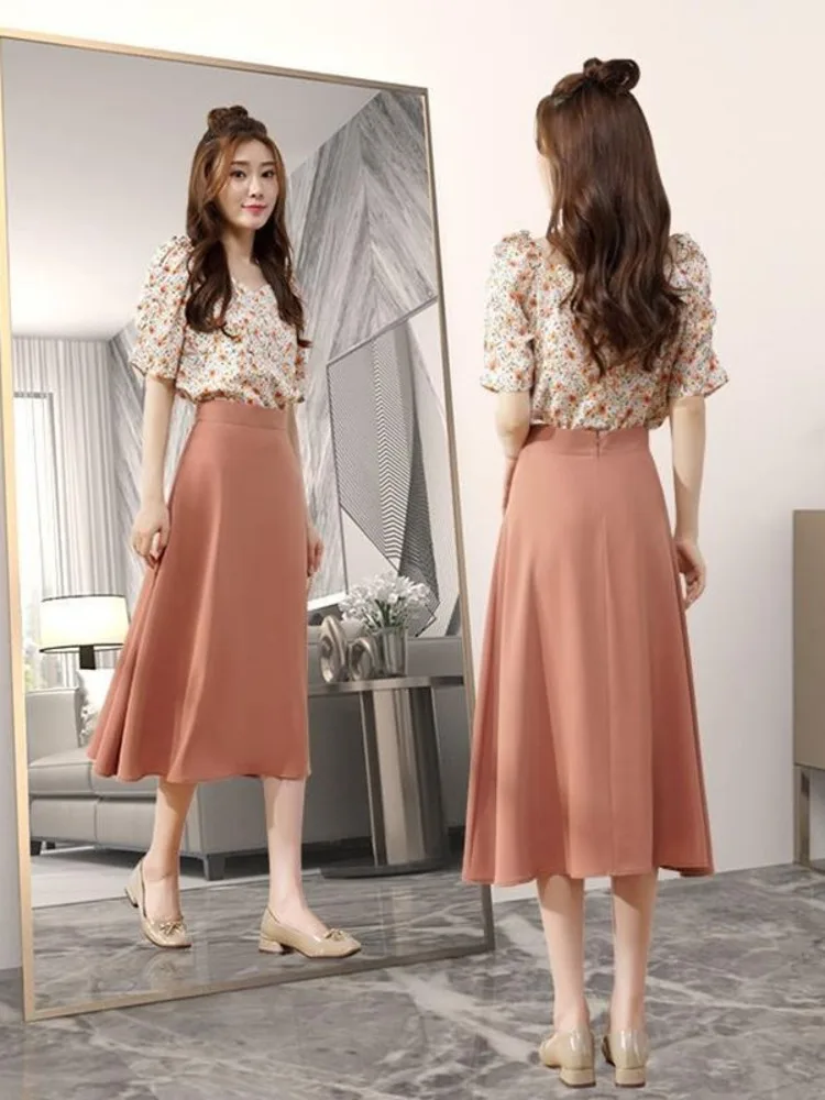 

Woman Skirt Temperament Vintage Elastic Waist A Line Solid Elegant High Waist Chic Casual Elegant College Style Skirt New